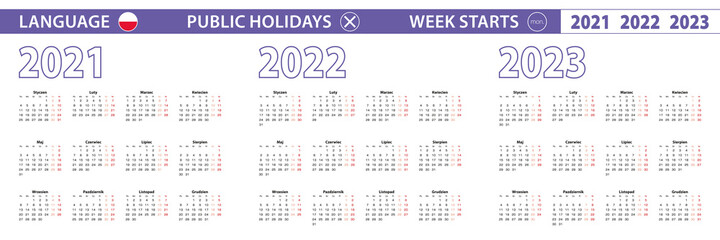 Simple calendar template in Polish for 2021, 2022, 2023 years. Week starts from Monday.