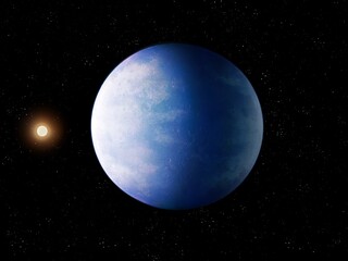 Large exoplanet with star. Planet similar to Earth. Abstract background image. 