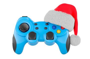 Gamepad with Christmas Santa hat. 3D rendering
