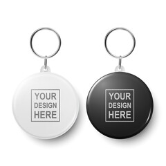 Vector 3d Realistic Blank White and Black Round Keychain with Ring and Chain for Key Isolated on White. Button Badge with Ring. Plastic, Metal ID Badge with Chains Key Holder, Design Template, Mockup