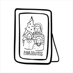 Family portrait in a photo frame. Festive photo of mother, father and daughter. Doodle vector illustration hand-drawn.