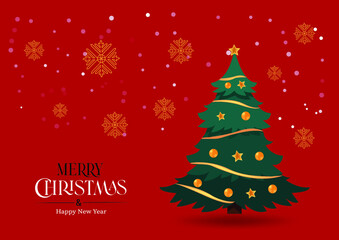 Merry christmas and happy new year logo with realistic christmas tree background Free Vector