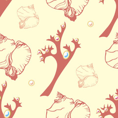 seamless pattern light golden red coral branches, gems, sea shells vector