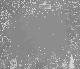 Christmas background. Hand drawn xmas elements. Abstract holiday freehand drawings. School winter holidays. New year banner. Children's drawings. Black and white illustration