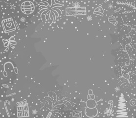 Obraz premium Christmas background. Hand drawn xmas elements. Abstract holiday freehand drawings. School winter holidays. New year banner. Children's drawings. Black and white illustration