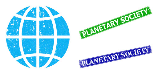 Grunge Earth globe icon and rectangle textured Planetary Society seal. Vector green Planetary Society and blue Planetary Society seals with grunge rubber texture,