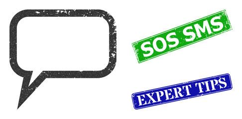 Grunge blog message icon and rectangular corroded Sos SMS seal stamp. Vector green Sos SMS and blue Expert Tips watermarks with grunge rubber texture, designed for blog message illustration.