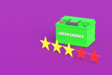 Car battery with inscription green energy near five rating stars. A bad accumulator for renewable electricity. Negative feedback. Low quality. Copy space.  3d render