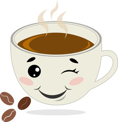 Cartoon Smiling a cup of coffee. Cute happy funny coffee mug. Kawaii cup. Smiling cartoon character