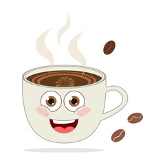 Cartoon Smiling a cup of coffee. Cute happy funny coffee mug. Kawaii cup. Smiling cartoon character