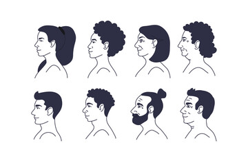 People faces in profile.Different races,nations,young,old,elderly,women,men