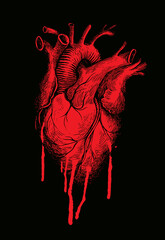 Horror vector banner with a red human heart and streaks of blood on a black background. Suitable for the design of T-shirts, tattoos, posters with a big bloody heart close up
