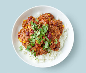 plate of rice and chili con carne