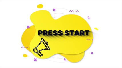 Megaphone with text Press start. Memphis style banner with abstract geometric shapes on yellow background. Banner and outline round elements with megaphone. 4K video motion graphic