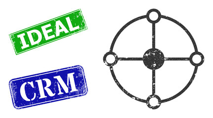Grunge circle grid node icon and rectangle rubber Ideal stamp. Vector green Ideal and blue Crm imprints with retro rubber texture, designed for circle grid node illustration.