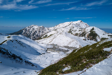 富山県立山町にある立山の冬の雪景色のある風景 Landscape with snowy winter scenery of Tateyama in Tateyama Town, Toyama Prefecture, Japan.
