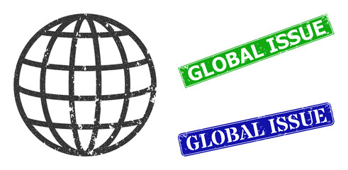 Grunge global icon and rectangular corroded Global Issue stamp. Vector green Global Issue and blue Global Issue seals with corroded rubber texture, designed for global illustration.