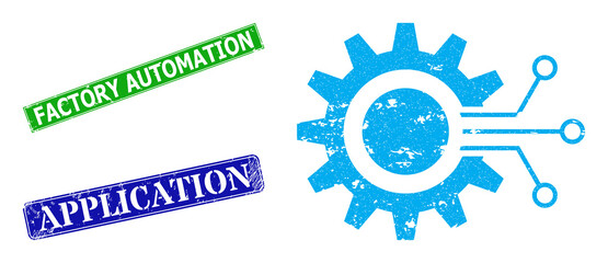 Grunge gear interface icon and rectangle unclean Factory Automation stamp. Vector green Factory Automation and blue Application imprints with unclean rubber texture,