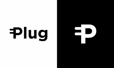 Initial letter P with power plug for technology business identity logotype concept. Electric energy brand logo design template.on a black and white background.