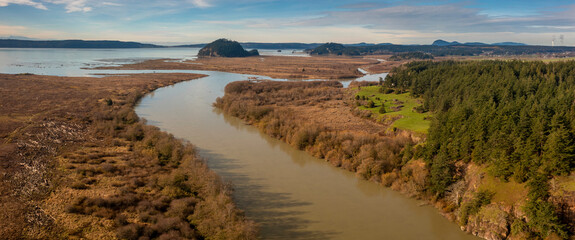 Aerial View of the Magnificent Skagit River. It diverges into two forks, a north and south fork,...