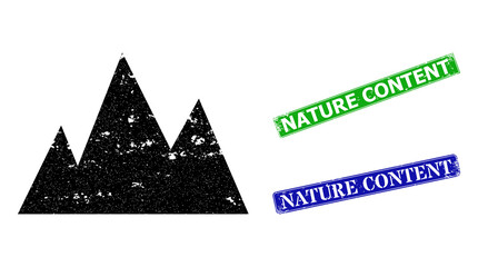 Grunge mountains icon and rectangle rubber Nature Content seal stamp. Vector green Nature Content and blue Nature Content watermarks with grunge rubber texture,