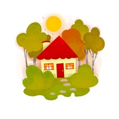 Domek w lesie jesienna pora domek Na wsi ilustracja  Autumn House in The forest illustration  © Klaudia