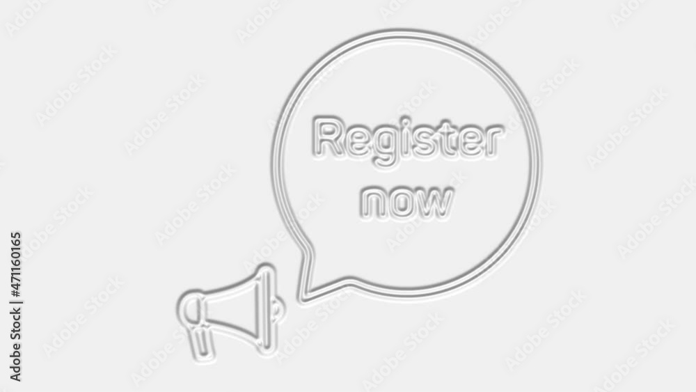 Aufkleber Register now text. Megaphone with text register now speech bubble banner. Loudspeaker. 4K video motion graphic