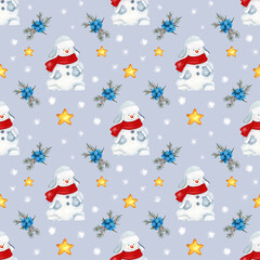Watercolor New Year pattern with snowman and stars