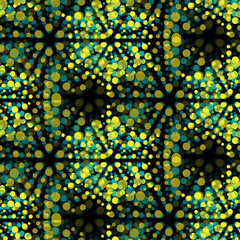 Abstract geometric seamless pattern. Color spray of yellow and turquoise on black background. Bright colorful backdrop. Microscopic structures