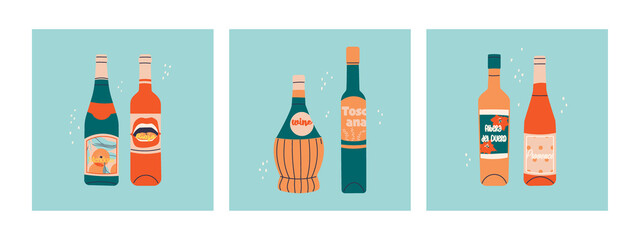 Set of vector flat bottles of wine. Labels with the names of wine-producing regions - Mendoza, Rioja, Tuscany, Ribera del Duero, Provence. Illustration for bar or restaurant menu design. - obrazy, fototapety, plakaty