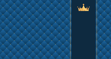 Navy blue seamless pattern in retro style with a gold crown. Can be used for premium royal party. Luxury template with vintage leather texture. Background for king and little prince. Invitation card