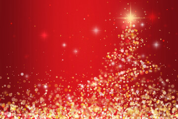 red abstract Christmas background with Christmas tree and snow fall.