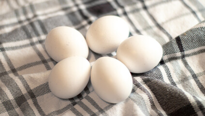 Five white large eggs on a plaid cloth