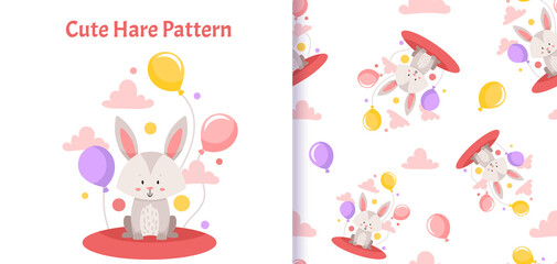 Seamless pattern with cute Hare Bunny. Vector illustration for kids. Can be used for textiles print  and gift wrapping Baby Shower.