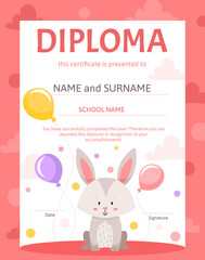 Colorful school and preschool diploma certificate with cute hare bunny for kids and children in kindergarten or primary grades.