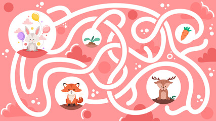Funny maze for children with cute animals and bright colors. Help the hare to find his carrot. Mini games collection.