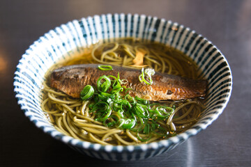 Nara,Japan - November 21, 2021: Closeup of Nishin Maccha soba
