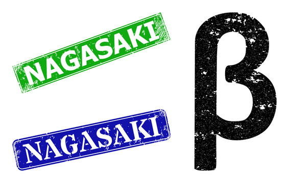 Grunge Beta Greek lowercase symbol icon and rectangle rubber Nagasaki seal. Vector green Nagasaki and blue Nagasaki seals with unclean rubber texture,