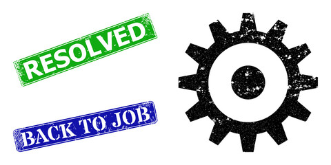 Grunge gear wheel icon and rectangle rubber Resolved stamp. Vector green Resolved and blue Back to Job imprints with corroded rubber texture, designed for gear wheel illustration.