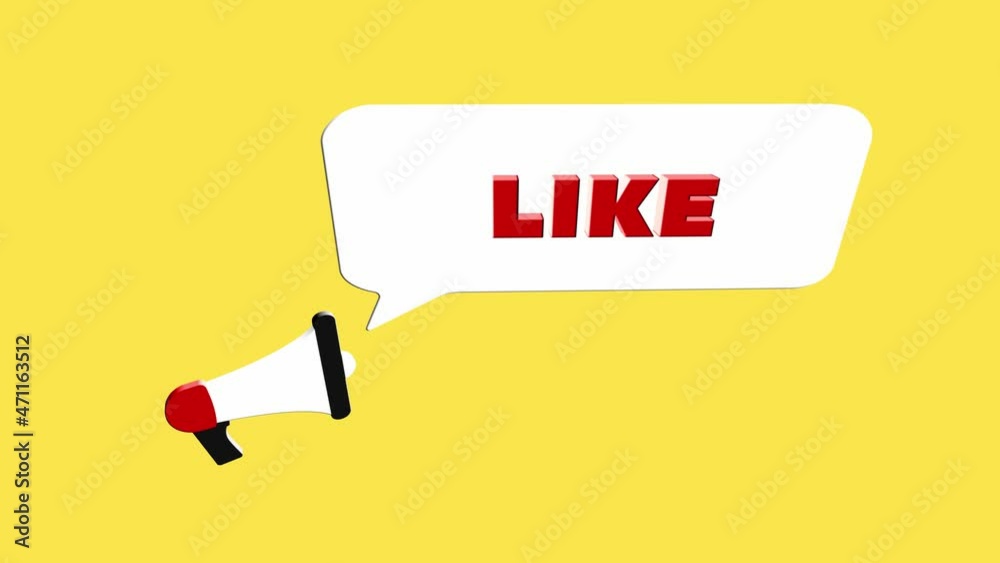 Poster 3d realistic style megaphone icon with text Like isolated on yellow background. Megaphone with speech bubble and like text on flat design. 4K video motion graphic