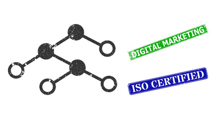 Grunge nodes structure icon and rectangular unclean Digital Marketing seal stamp. Vector green Digital Marketing and blue ISO Certified imprints with unclean rubber texture,