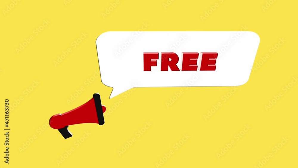 Fototapete 3d realistic style megaphone icon with text Free isolated on yellow background. Megaphone with speech bubble and free text on flat design. 4K video motion graphic