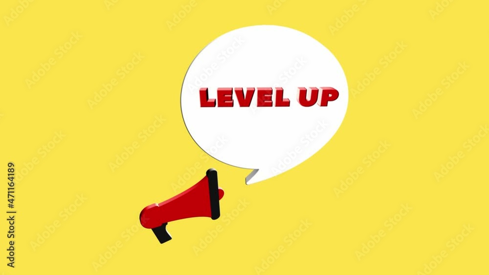 Leinwandbilder 3d realistic style megaphone icon with text Level up isolated on yellow background. Megaphone with speech bubble and level up text on flat design. 4K video motion graphic