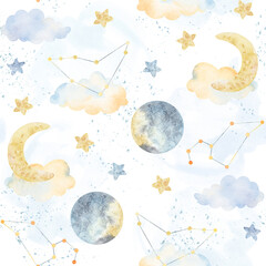 Watercolor clouds, moon, stars, decorative elements. Watercolor illustrations clip art for nursery decorations. Background print, wear design, baby shower, kids cards, linens, wallpaper textile. © NastiyaMaki