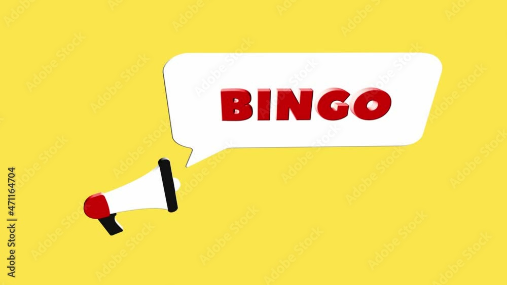 Poster 3d realistic style megaphone icon with text Bingo isolated on yellow background. Megaphone with speech bubble and bingo text on flat design. 4K video motion graphic