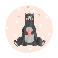 Cute bear in love with pink heart. Valentines day card design. Vector watercolor illustration.