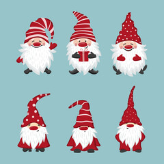 Gnomes set. Christmas Santa characters, vector illustration.
