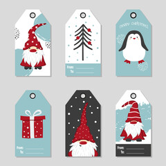 Christmas gift tags with cute gnomes. Vector set of cards with dwarves