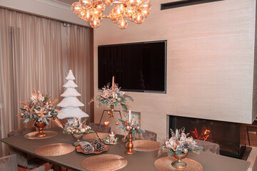 Living room with Christmas decorations on the table 