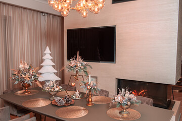 Living room with Christmas decorations on the table 